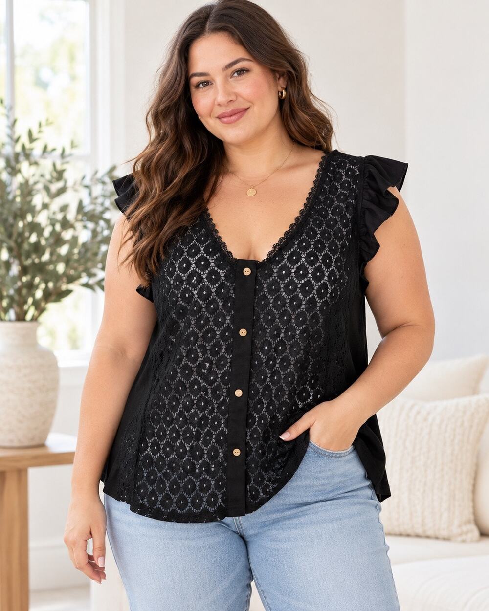 SHEIN Frenchy Black Floral Lace Ruffle Blouse Small NWT